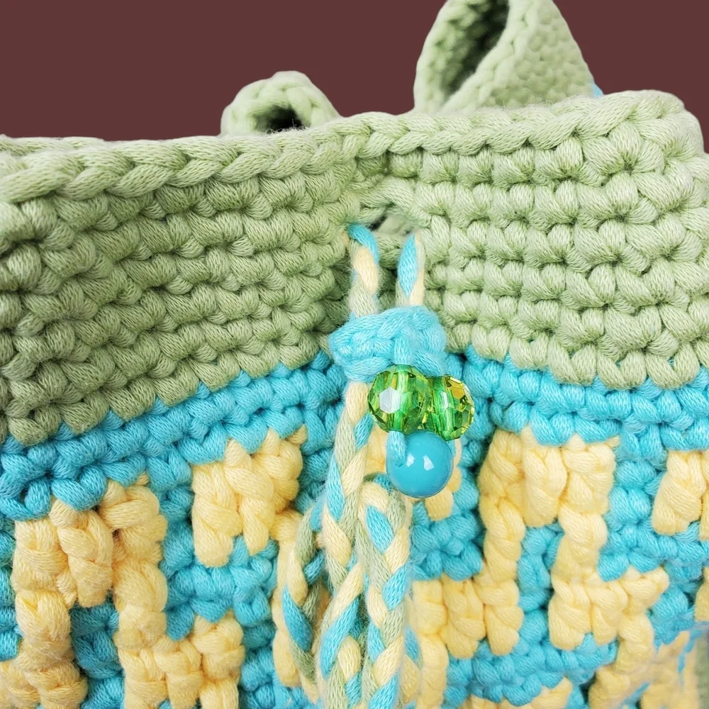 Blue Green Yellow Multicolor Crochet Bucket Bag Size OS - Picture 10 of 12